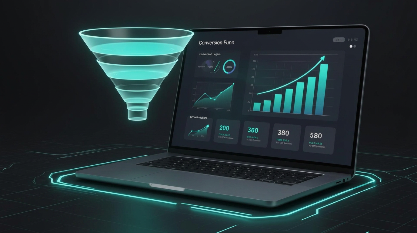 Dunkler Laptop mit Conversion-Funnel-Dashboard und türkis leuchtendem Funnel